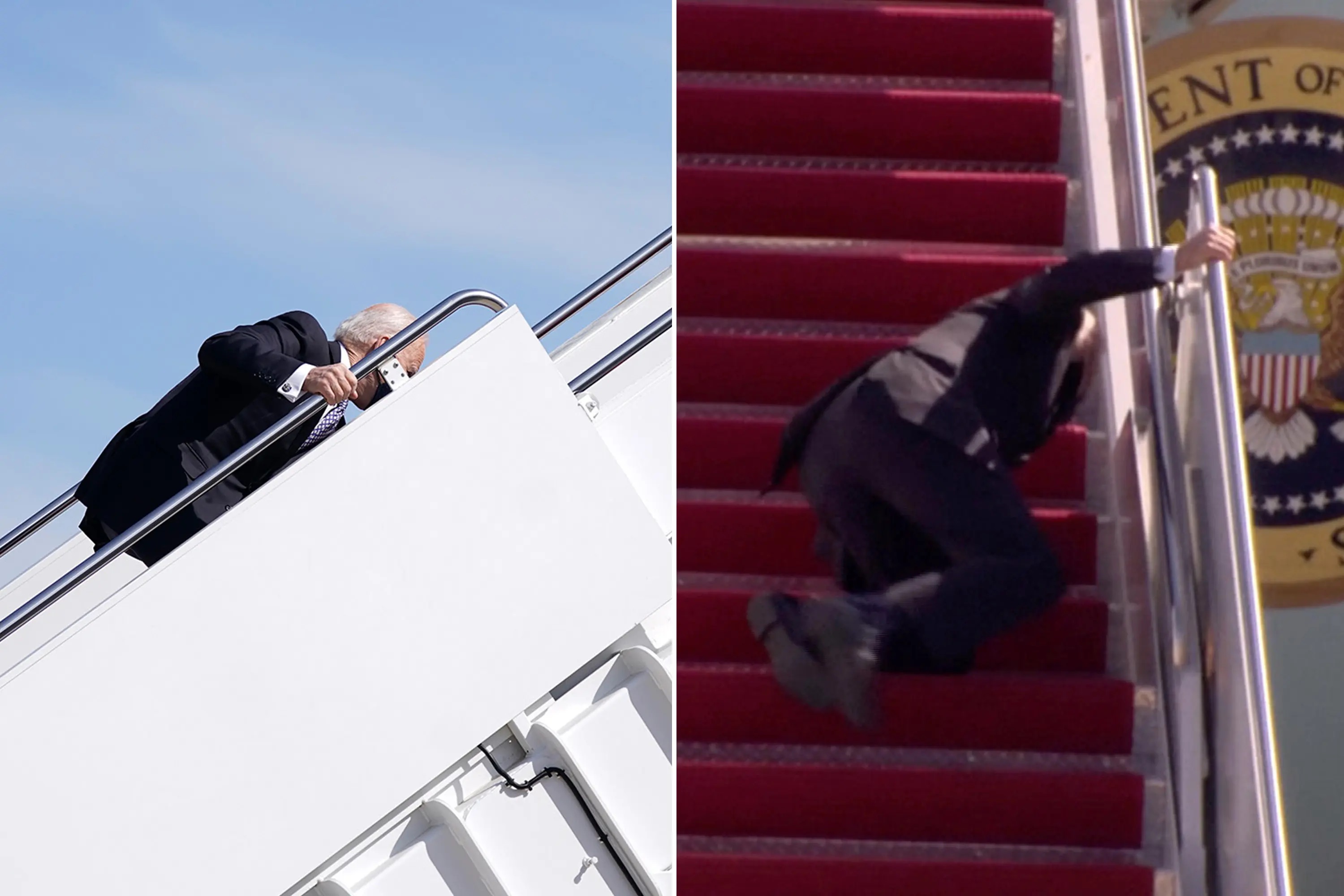 Biden stumbles and falls while walking up steps of Air Force One.